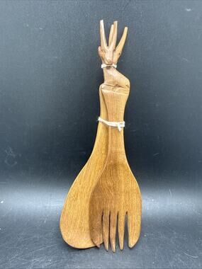 African-handmade-handcarved-animal-gazelle-salad server set-wood-fork and spoon
